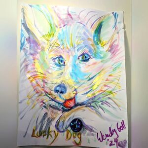 Wendy Gell art watercolor my dog Lucky with a jewel in his paw.